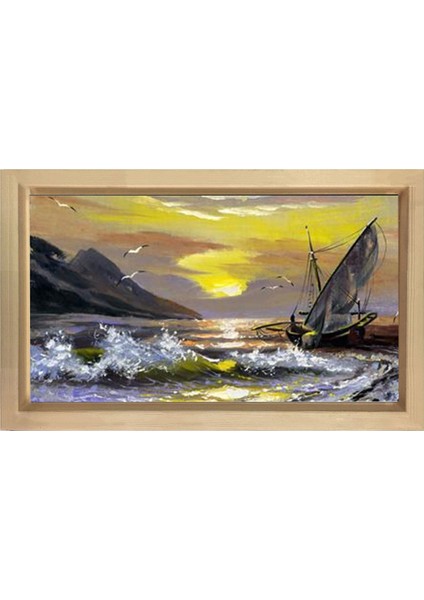 Gemi Manzara Reprödiksiyon Tablosu-Naturel Ahşap Çerçeve - 100 x 150 cm