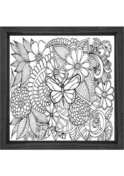 Kelebek ve Çiçekli Boyama Tablo Tablosu-Siyah Ahşap Çerçeve - 30X30