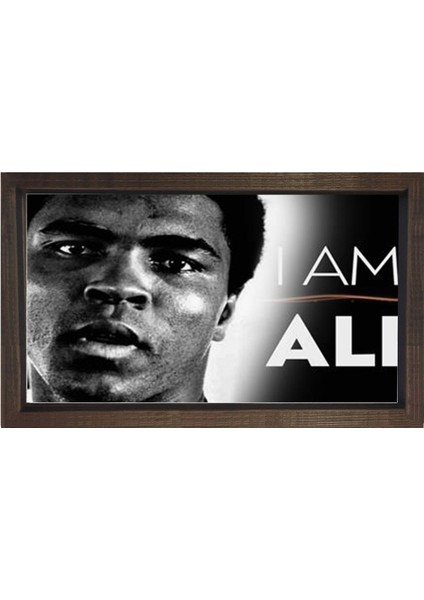 Muhammed Ali Siyah Beyaz Tablosu-Kahverengi Ahşap Çerçeve - 70 x 100 cm