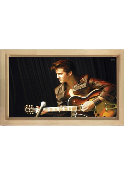 Elvis Presley ve Gitar Tablosu-Naturel Ahşap Çerçeve - 70 x 100 cm