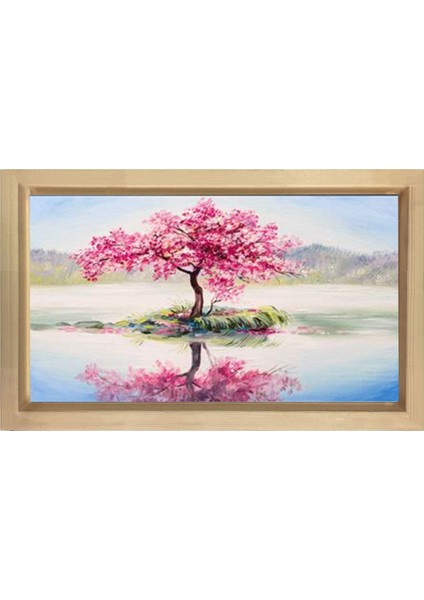 Pembe Çiçekli Ağaç Göl Manzara Tablosu-Naturel Ahşap Çerçeve - 70 x 100 cm