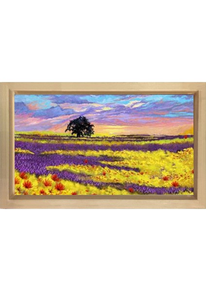 Çiçekli Bozkır Manzara Ağaç Tablosu-Naturel Ahşap - 100 x 200 cm