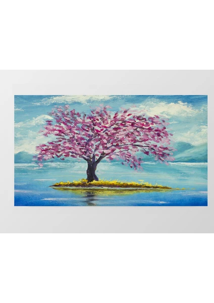 Deniz Çerçeve Pembe Çiçekli Ağaç Göl Manzara Tablosu-Çerçevesiz - 45 x 30 cm