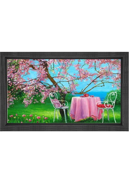 Pembe Çiçekli Ağaçlar ve Masa Tablosu-Siyah Ahşap - 45 x 30 cm