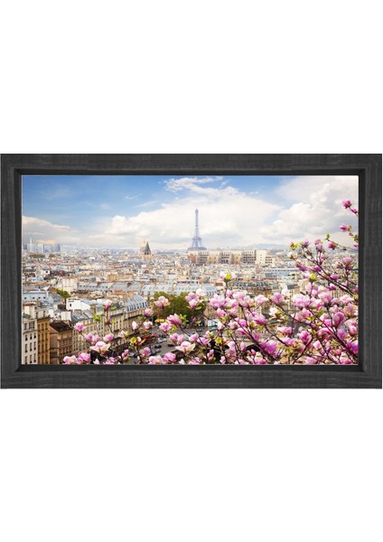 Pembe Çiçekler ve Paris Tablosu-Siyah Ahşap - 45 x 30 cm