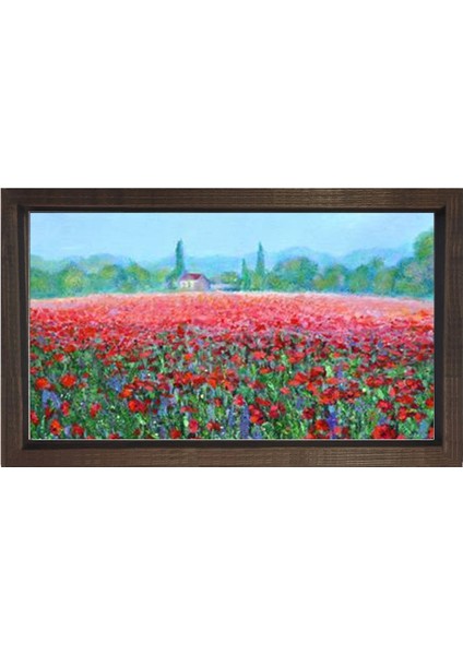 Kırmızı Çiçekler Manzara Tablosu-Kahverengi Ahşap - 45 x 30 cm