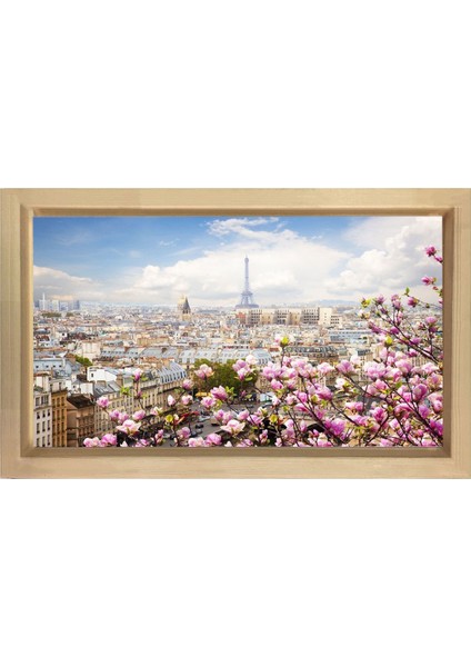 Pembe Çiçekler ve Paris Tablosu-Naturel Ahşap - 40 x 60 cm