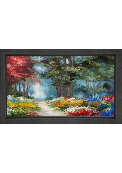 Çiçekli Orman Yolu Manzara Tablosu-Siyah Ahşap - 45 x 30 cm
