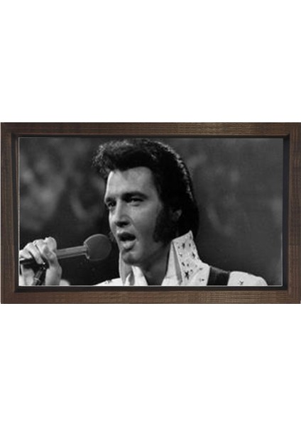 Elvis Presley Siyah Beyaz Tablosu-Kahverengi Ahşap Çerçeve - 50 x 70 cm