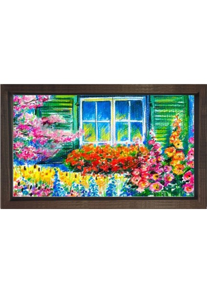 Pencere ve Çiçekli Bahçe Tablosu-Kahverengi Ahşap - 45 x 30 cm