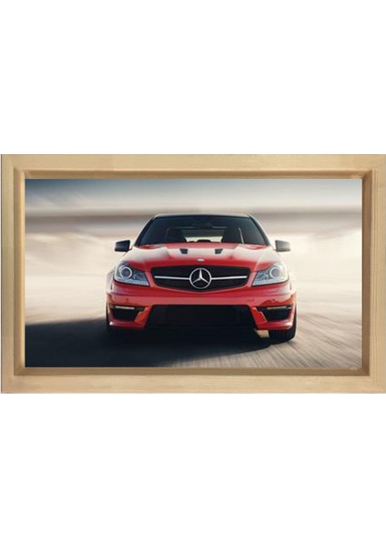 Kırmızı Mercedes Tablosu-Naturel Ahşap Çerçeve - 50 x 70 cm