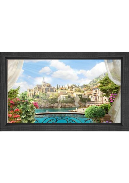 Çiçekli Balkon Manzarası Tablosu-Siyah Ahşap - 40 x 60 cm