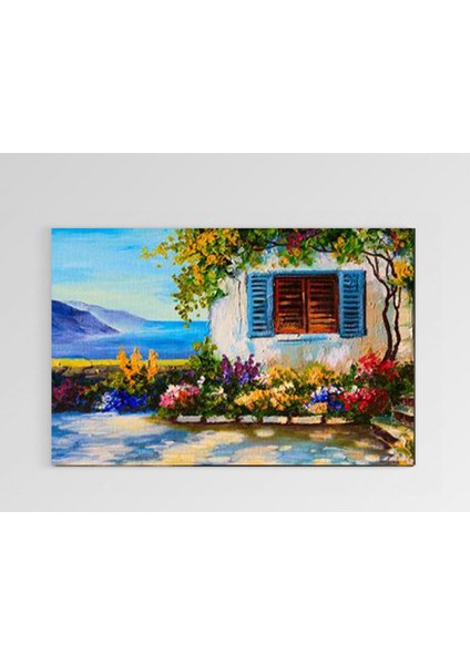 Çiçekli Ev Yağlıboya Tablosu-Çerçevesiz - 45 x 30 cm