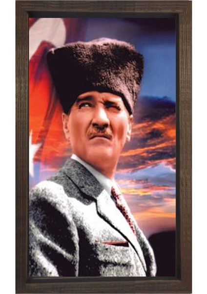 Atatürk ve Bayrak Tablosu-Kahverengi Ahşap - 100 x 150 cm