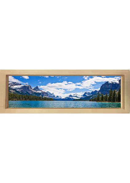 Göl ve Karlı Dağlar Tablosu-Naturel Ahşap Çerçeve - 120 x 40 cm