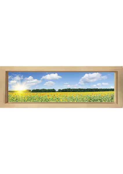 Ayçiçeği Tarlası Tablosu-Naturel Ahşap Çerçeve - 120 x 40 cm