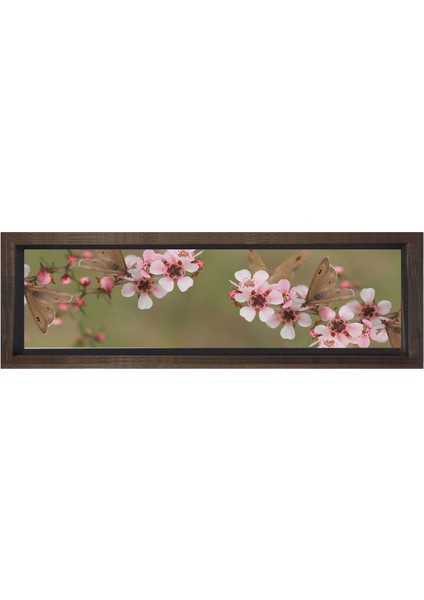 Pembe Çiçekli Asma Tablosu-Kahverengi Ahşap Çerçeve - 180 x 60 cm