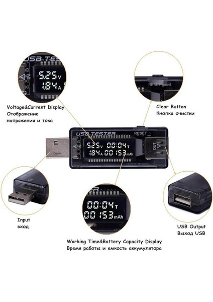 USB Akım Gerilim Dedektörü Voltmetre Ampermetre Test Cihazı 3 1 Siyah