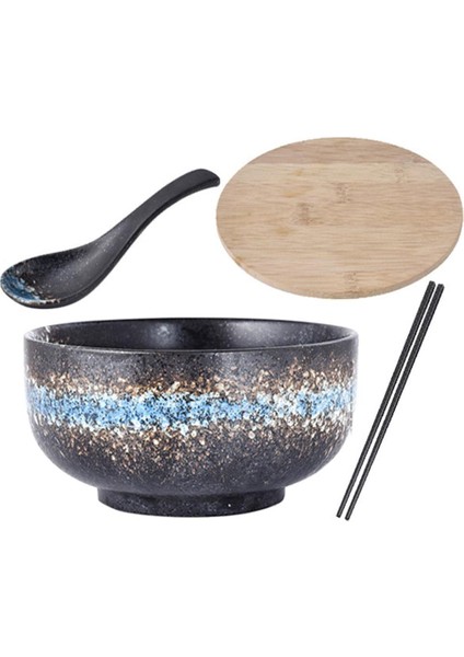 Seramik Japon Ramen Kase Büyük 1500 ml Porselen Kase Kapak ve Kaşıkla