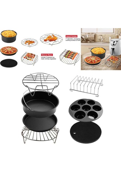 7 Parça Yui / Xiaomi / Philips / Kumtel Uyumlu Air Fryer Pişirme Aksesuarları Takımı - Siyah / Gümüş (Yurt Dışından)