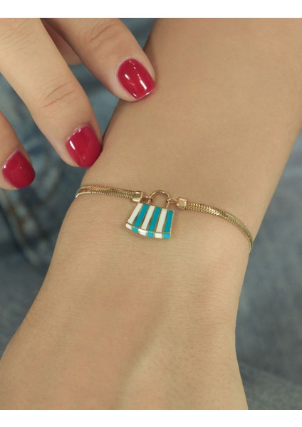 14 Ayar Altın Turkuaz Mini Çanta Detaylı Balıksırtı Bileklik modelleri