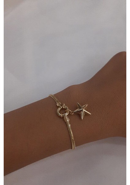 14 Ayar Altın Köşeli Yıldız Detaylı Balıksırtı Bileklik