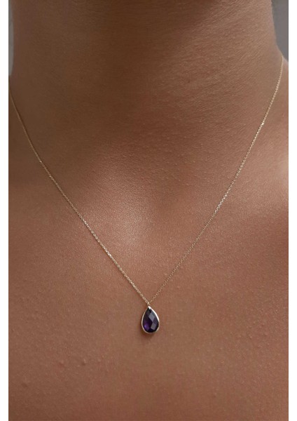 14 Ayar Altın Ametist Taşlı Damla Kolye