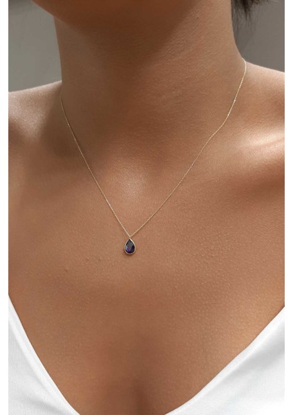 14 Ayar Altın Ametist Taşlı Damla Kolye modelleri