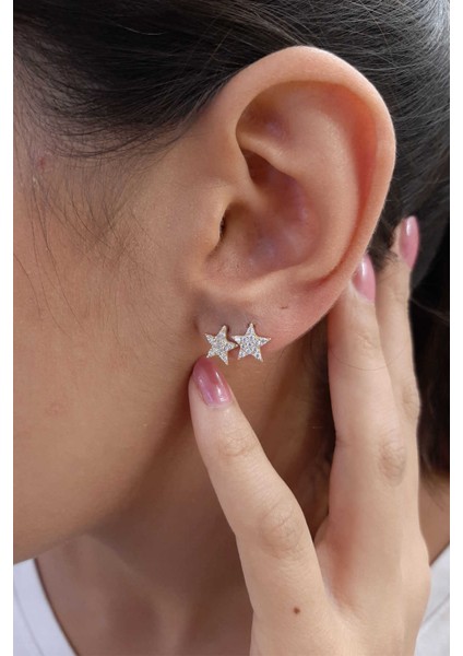 14 Ayar Altın Swarovski Taşlı Büyük Yıldız Küpe