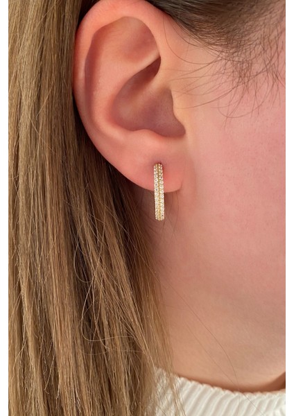 14 Ayar Altın Çift Sıra Taşlı Halka Küpe 2