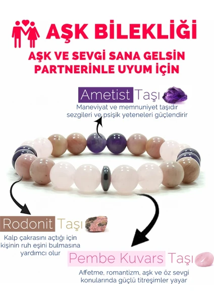 Aşk Bilekliği Pembe Kuvars Rodonit Ametist Doğal Taş Bileklik