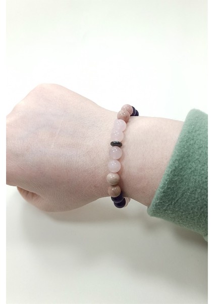 Aşk Bilekliği Pembe Kuvars Rodonit Ametist Doğal Taş Bileklik indirimleri