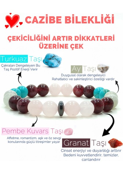 Cazibe Bilekliği Pembe Kuvars Granat(Lal) Aytaşı Turkuaz Doğal Taş Bileklik