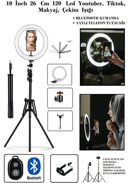 10 Inç Işık + Bluetooth Kumanda + Telefon Tutacağı + 2.1 Metre Tripod Işık