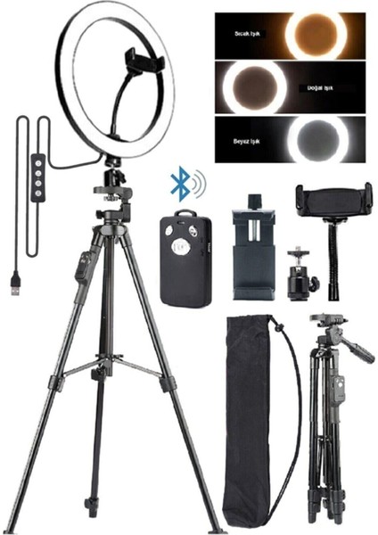 Bluetooth Kumandalı 10 Inç Işık - 125 cm Tripod + Telefon Tutucu