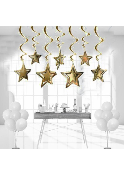 Parti 3 Boyutlu Spiralli Altın Renk Yıldız Şekilli Tavan Asma Süsü 10 Adet