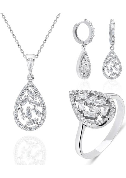 925 Ayar Gümüş Damla Model Baget Taşlı Model Kadın Takı Set