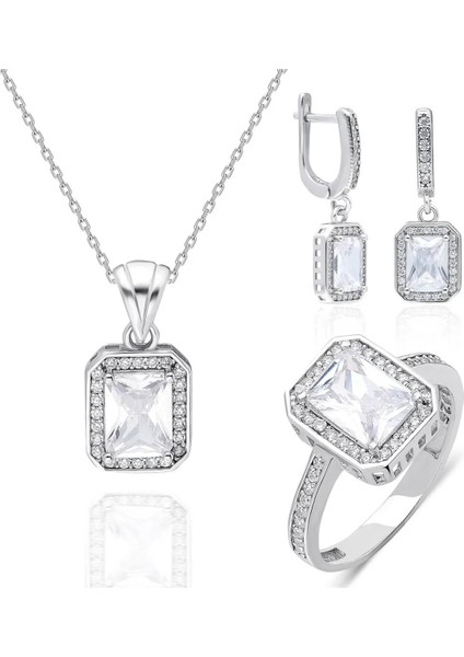 925 Ayar Gümüş Baget Taşlı Zirkon Taş Detaylı Kadın Takı Set