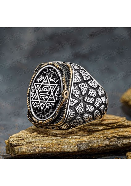 925 Ayar Gümüş Süleyman Mührü Davud Yıldızı Taşsız Erkek Yüzük