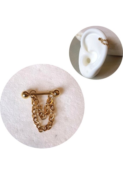 Cerrahi Çelik Çift Zincir Detaylı Gold Helix Piercing/ Bar Uzunluğu 8 mm