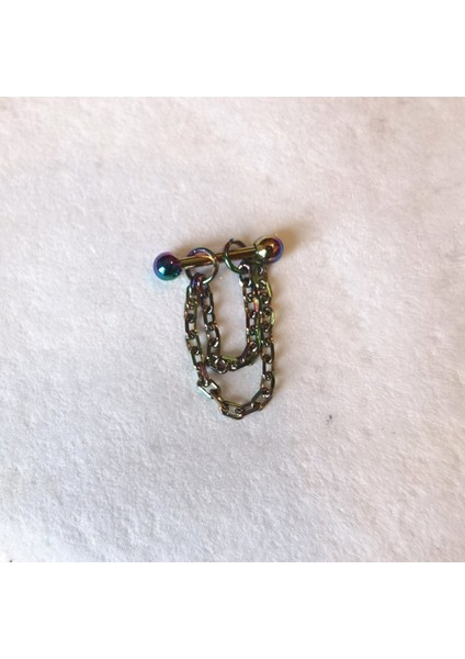 Cerrahi Çelik Çift Zincir Detaylı Rainbow Helix Piercing Helix, Lobe/ Bar Uzunluğu 8 mm-1 adet