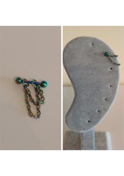 Cerrahi Çelik Çift Zincir Detaylı Rainbow Helix Piercing Helix, Lobe/ Bar Uzunluğu 8 mm-1 adet fiyatları