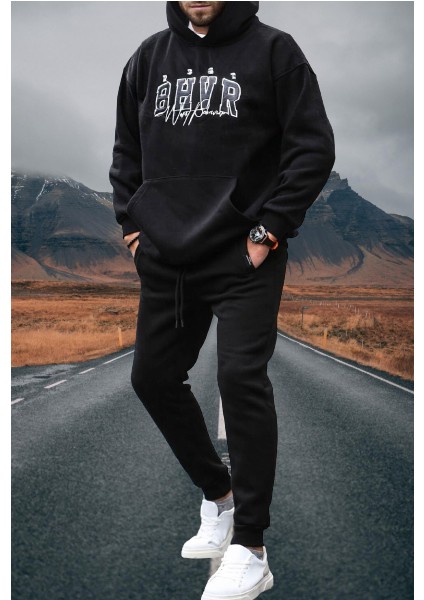 Büyük Beden Kapüşonlu B.h.v.r Göğüs Baskılı Çok Kalın Tam Kışlık Oversize Erkek Eşofman Takımı