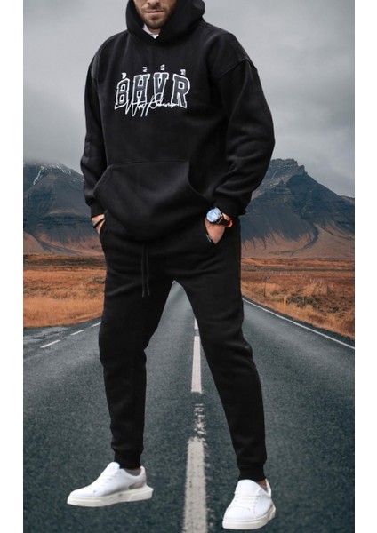 Büyük Beden Kapüşonlu B.h.v.r Göğüs Baskılı Çok Kalın Tam Kışlık Oversize Erkek Eşofman Takımı fiyatları