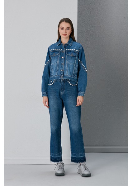 Yıkama ve Incili Taş Detaylı Lacivert Mont