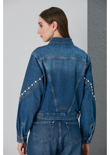 Yıkama ve Incili Taş Detaylı Lacivert Mont fırsatları