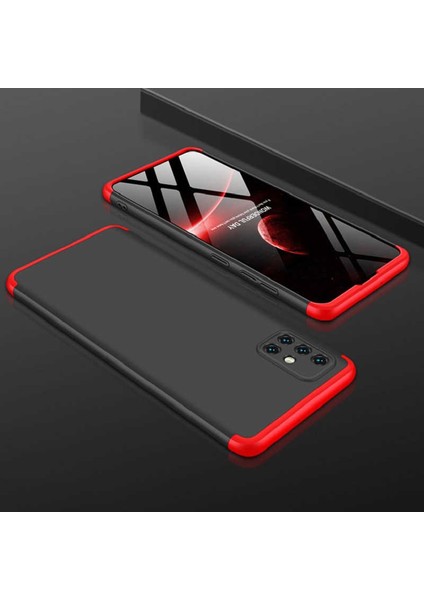 Samsung Galaxy A51 Kılıf 360 Derece Kamera Kormalı 3 Parça Ays Sert Plastik Siyah-Kırmızı