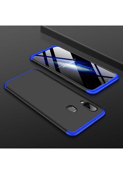 Samsung Galaxy A10 Kılıf Kamera Korumalı 3 Parça Ays Sert Plastik Siyah-Mavi