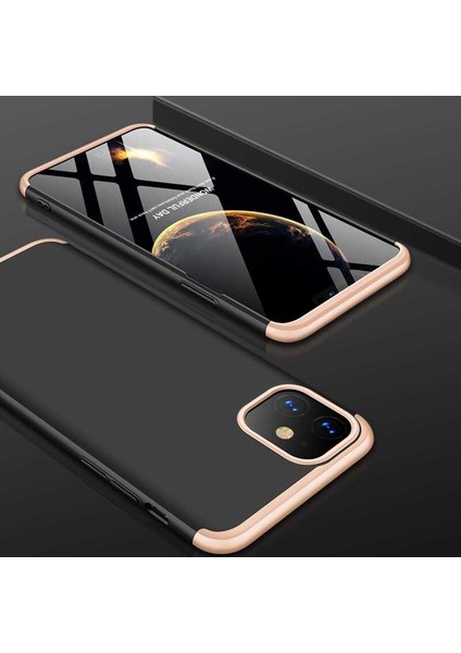 iPhone 11 Kılıf Kamera Korumalı 3 Parça Ays Sert Plastik Siyah-Gold