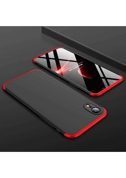 iPhone Xr Kılıf Kamera Korumalı 3 Parça Ays Sert Plastik Siyah-Kırmızı